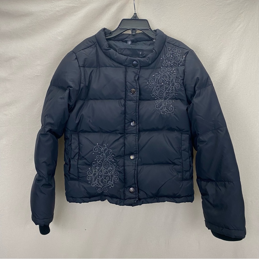 Old Navy black puffer coat with beaded floral embellishment size